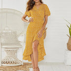 Vestido Longo Floral Boho de Verão em Chiffon com Babados