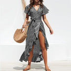 Vestido Longo Floral Boho de Verão em Chiffon com Babados