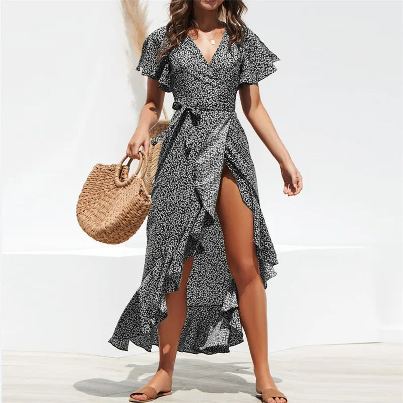 Vestido Longo Floral Boho de Verão em Chiffon com Babados