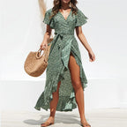 Vestido Longo Floral Boho de Verão em Chiffon com Babados