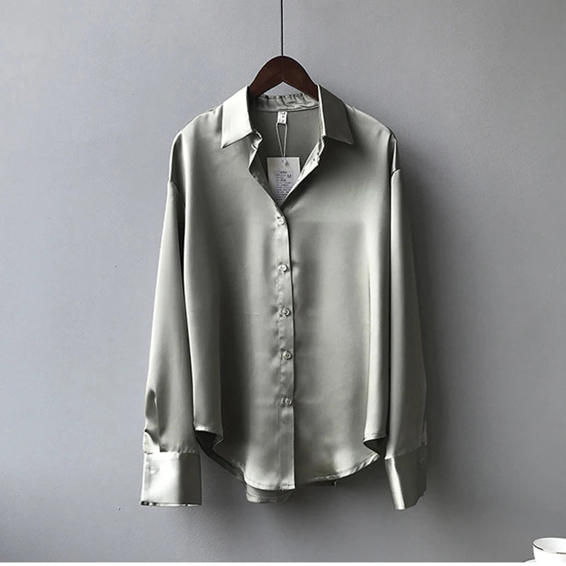 Camisa de Seda/Cetim Fashion com Botões – Estilo Vintage Feminino