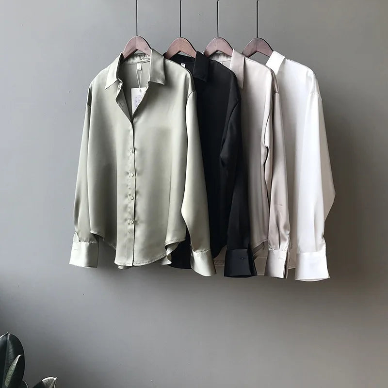 Camisa de Seda/Cetim Fashion com Botões – Estilo Vintage Feminino