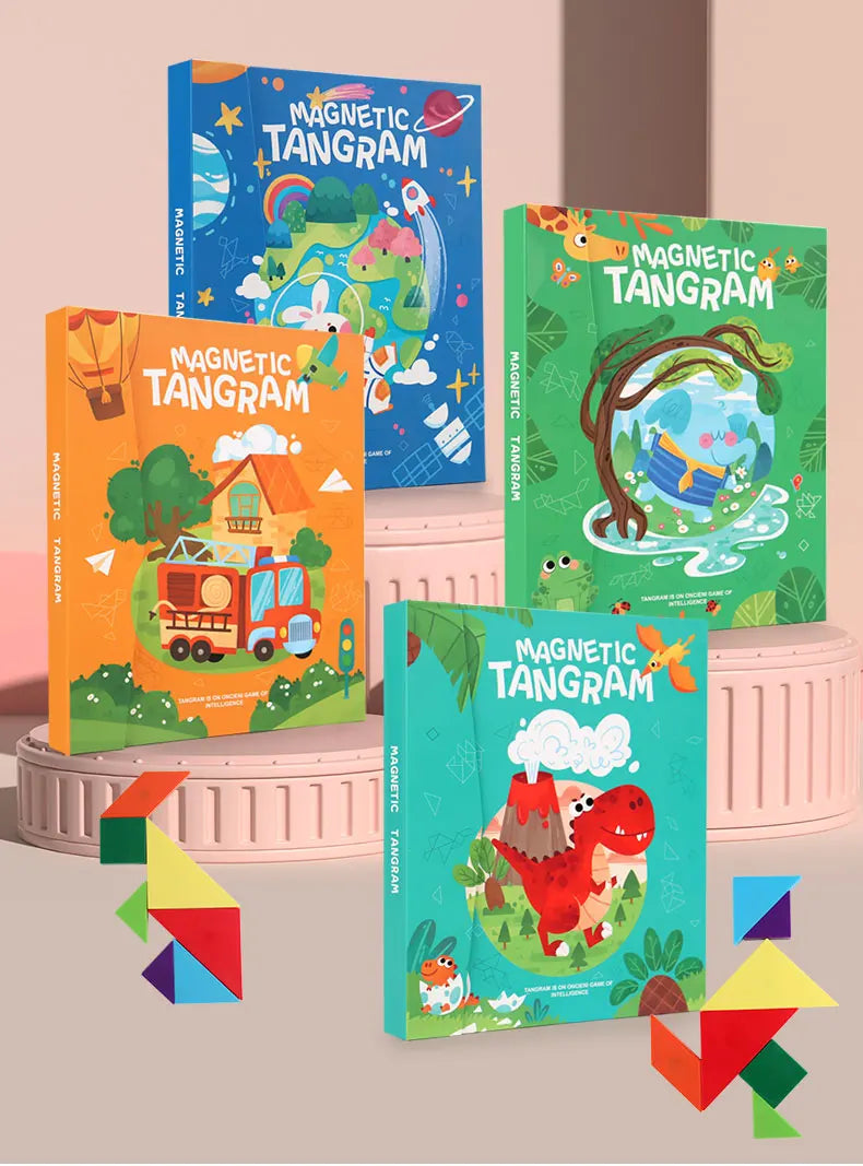 Livro Quebra‑Cabeça Tangram Magnético em Madeira – Brinquedo Educativo Montessori Portátil