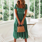 Vestido Feminino Boho Midi com Estampa Animal, Manga Bufante e Decote Quadrado – Verão Elegante e Estiloso