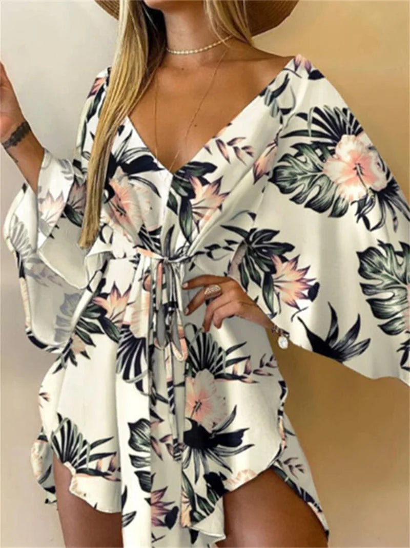 Vestido Boho Estampado com Decote V e Manga Morcego – Mini Soltinho