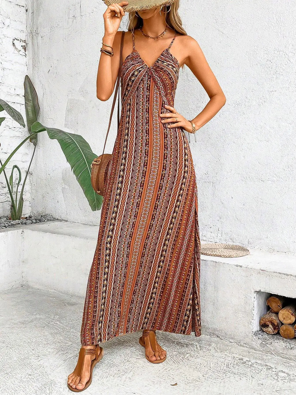 Vestido Longo Feminino Estampado com Decote Halter