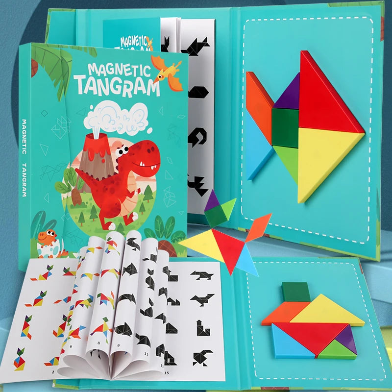 Livro Quebra‑Cabeça Tangram Magnético em Madeira – Brinquedo Educativo Montessori Portátil