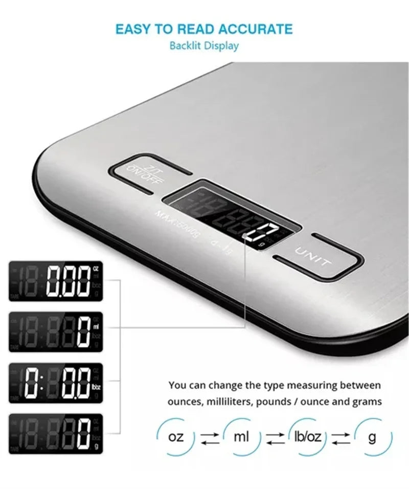 Balança Digital de Cozinha 5kg ou 10kg em Aço Inox – Precisa, Compacta e Recarregável