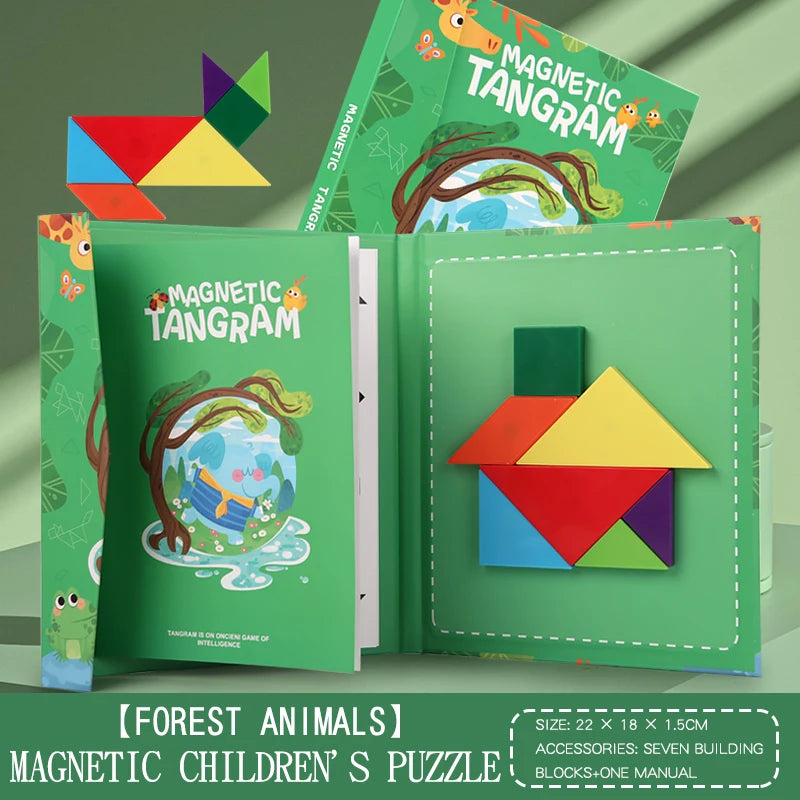 Livro Quebra‑Cabeça Tangram Magnético em Madeira – Brinquedo Educativo Montessori Portátil