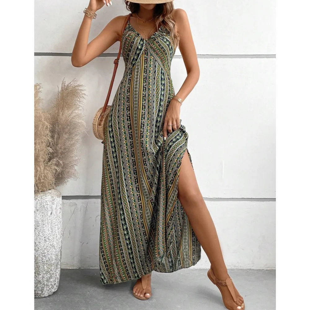 Vestido Longo Feminino Estampado com Decote Halter