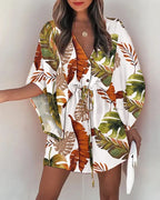 Vestido Boho Floral de Verão com Manga Morcego, Decote V e Barra Assimétrica