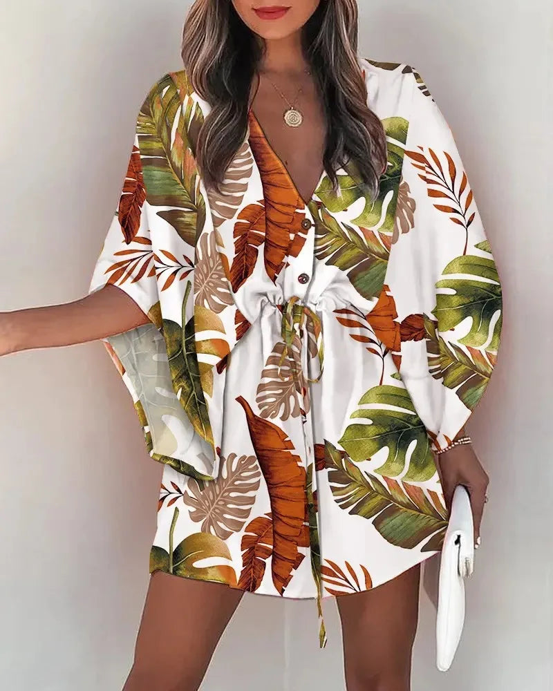 Vestido Boho Floral de Verão com Manga Morcego, Decote V e Barra Assimétrica