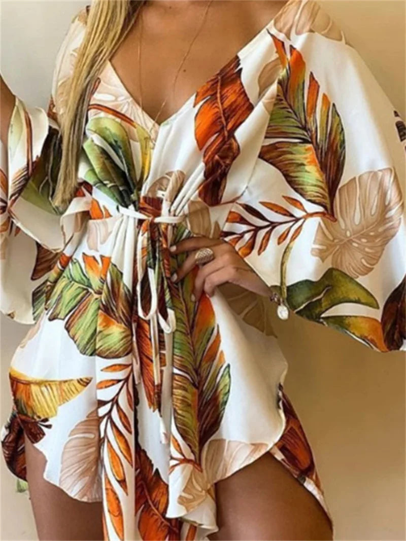 Vestido Boho Estampado com Decote V e Manga Morcego – Mini Soltinho