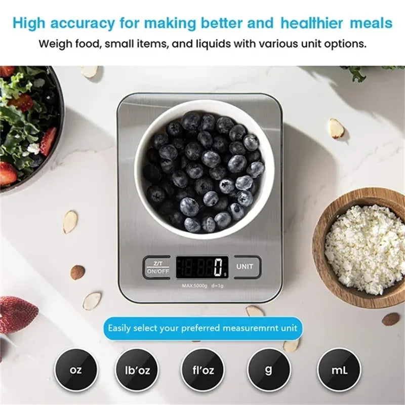 Balança Digital de Cozinha 5kg ou 10kg em Aço Inox – Precisa, Compacta e Recarregável