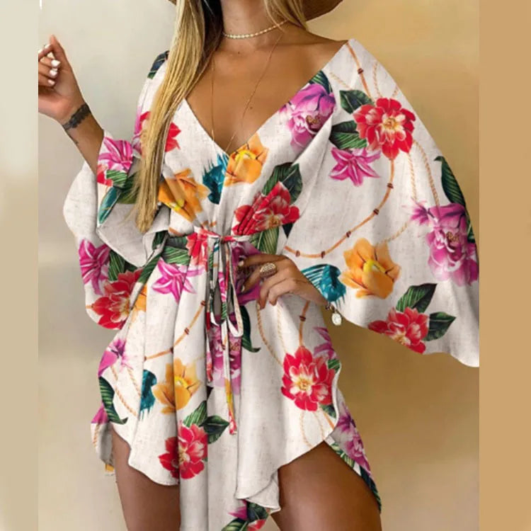 Vestido Boho Estampado com Decote V e Manga Morcego – Mini Soltinho
