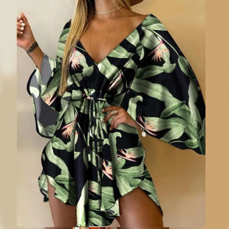 Vestido Boho Estampado com Decote V e Manga Morcego – Mini Soltinho