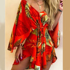 Vestido Boho Estampado com Decote V e Manga Morcego – Mini Soltinho