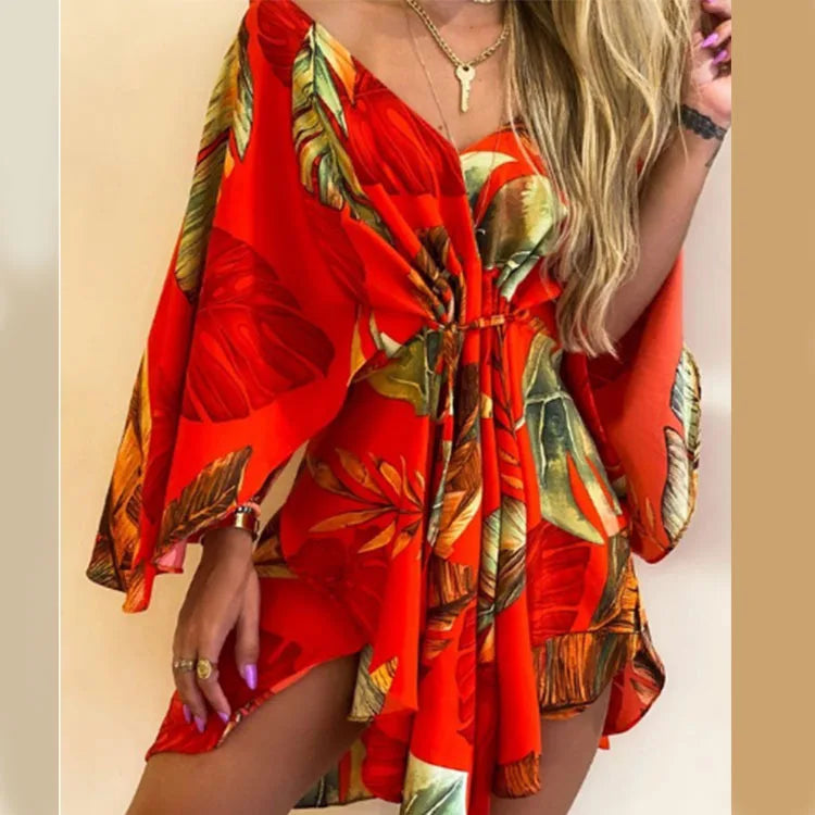 Vestido Boho Estampado com Decote V e Manga Morcego – Mini Soltinho
