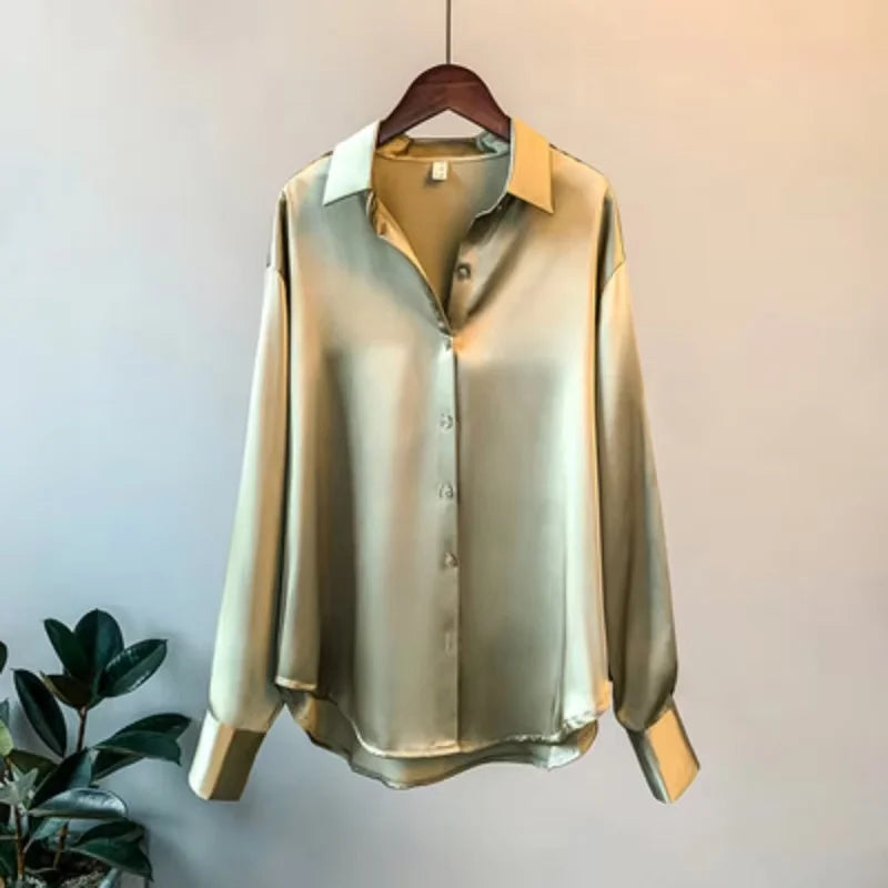 Camisa de Seda/Cetim Fashion com Botões – Estilo Vintage Feminino