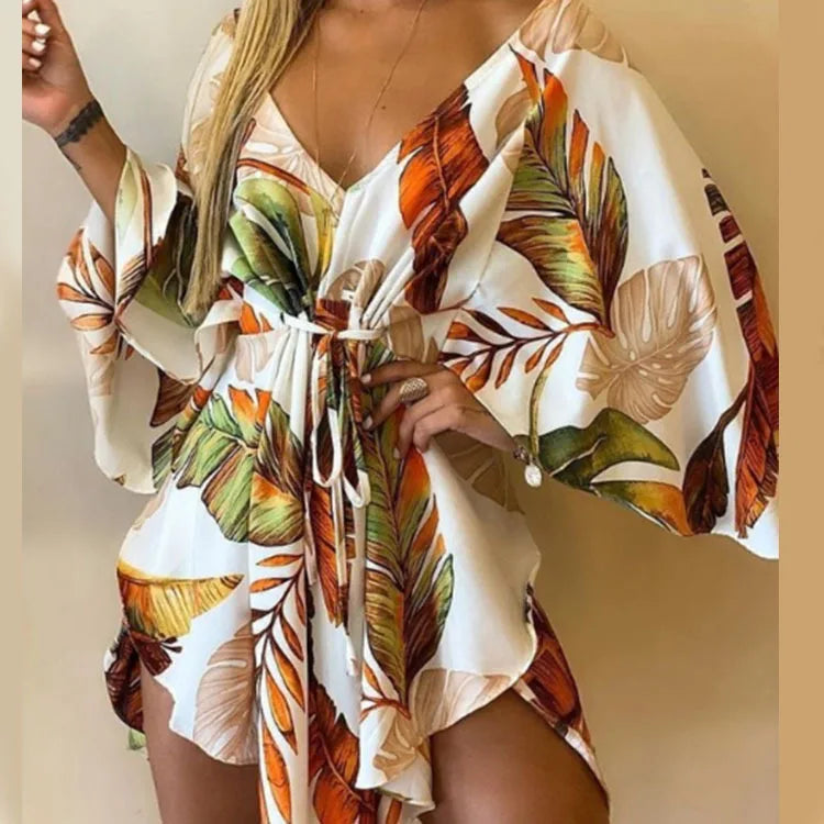 Vestido Boho Estampado com Decote V e Manga Morcego – Mini Soltinho