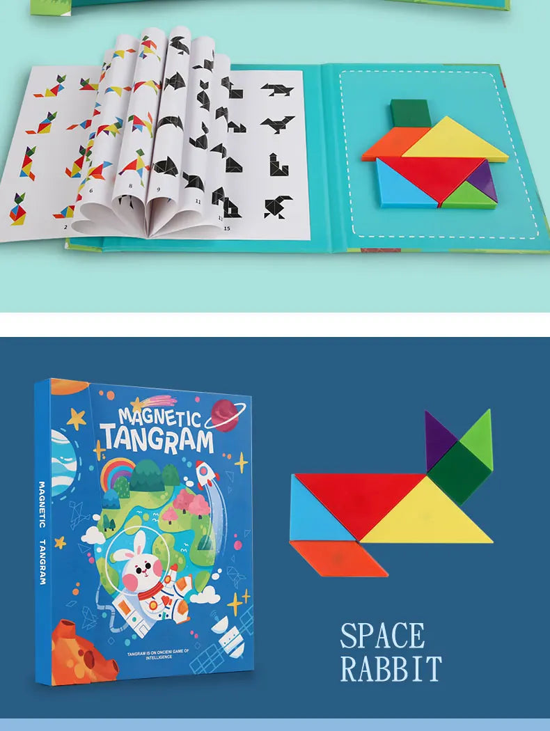Livro Quebra‑Cabeça Tangram Magnético em Madeira – Brinquedo Educativo Montessori Portátil