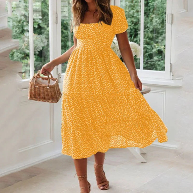 Vestido Feminino Boho Midi com Estampa Animal, Manga Bufante e Decote Quadrado – Verão Elegante e Estiloso