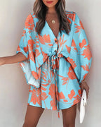 Vestido Boho Floral de Verão com Manga Morcego, Decote V e Barra Assimétrica