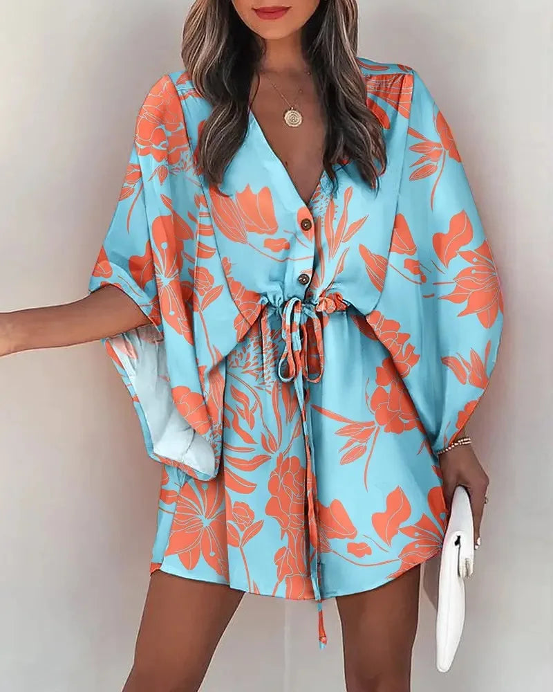 Vestido Boho Floral de Verão com Manga Morcego, Decote V e Barra Assimétrica