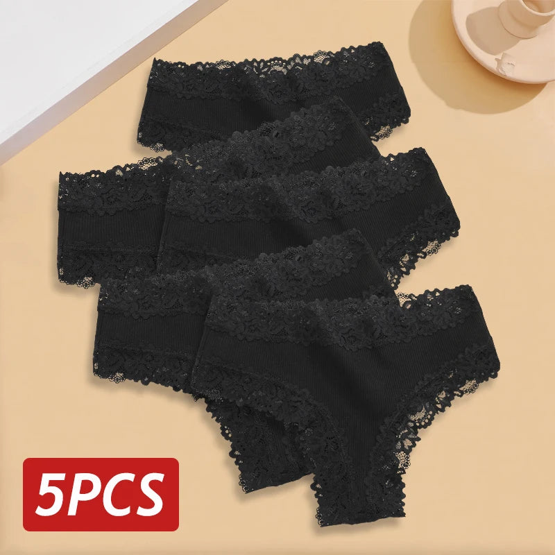 Kit com 5 Calcinhas Femininas de Algodão Sem Costura – Conforto Diário com Renda Delicada (S a XL)