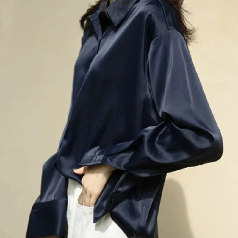 Camisa de Seda/Cetim Fashion com Botões – Estilo Vintage Feminino