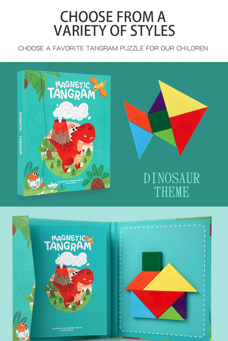 Livro Quebra‑Cabeça Tangram Magnético em Madeira – Brinquedo Educativo Montessori Portátil