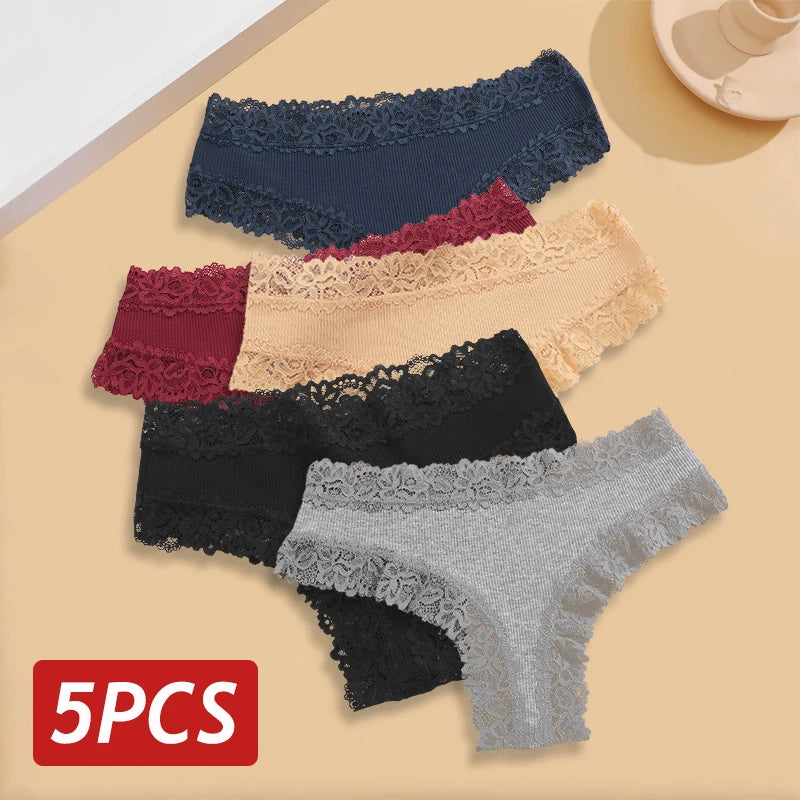 Kit com 5 Calcinhas Femininas de Algodão Sem Costura – Conforto Diário com Renda Delicada (S a XL)
