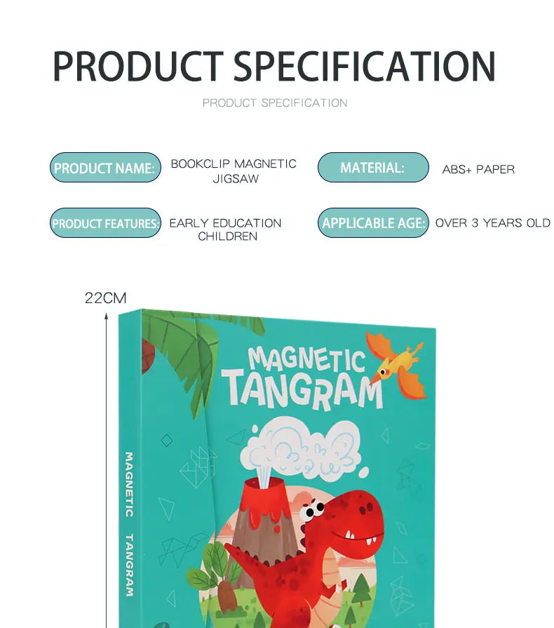 Livro Quebra‑Cabeça Tangram Magnético em Madeira – Brinquedo Educativo Montessori Portátil