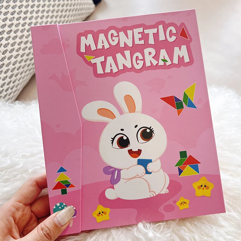 Livro Quebra‑Cabeça Tangram Magnético em Madeira – Brinquedo Educativo Montessori Portátil