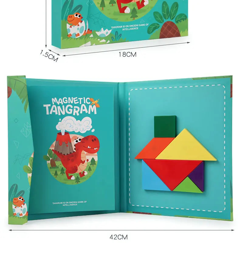 Livro Quebra‑Cabeça Tangram Magnético em Madeira – Brinquedo Educativo Montessori Portátil