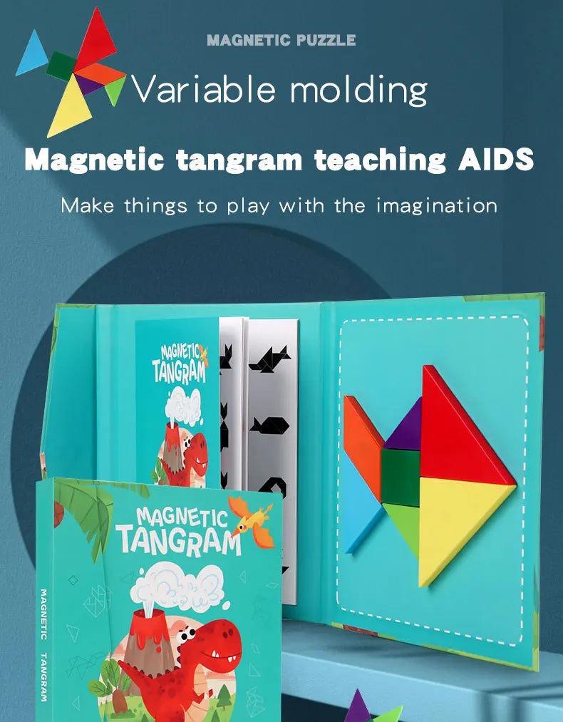 Livro Quebra‑Cabeça Tangram Magnético em Madeira – Brinquedo Educativo Montessori Portátil