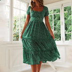 Vestido Feminino Boho Midi com Estampa Animal, Manga Bufante e Decote Quadrado – Verão Elegante e Estiloso