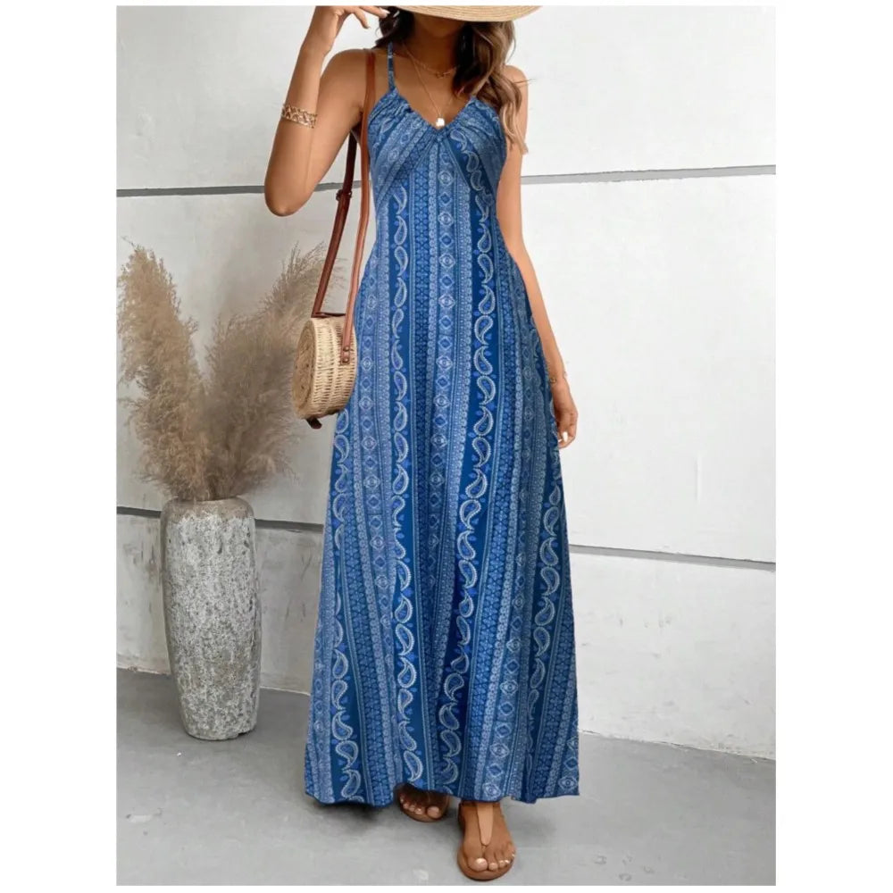 Vestido Longo Feminino Estampado com Decote Halter