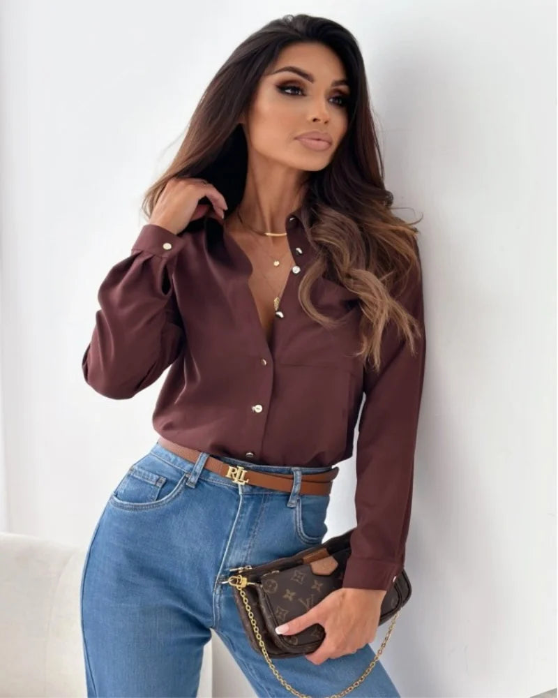 Blusa Feminina Elegante em Chiffon com Decote V – Manga Longa e Caimento Solto