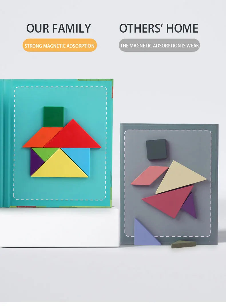 Livro Quebra‑Cabeça Tangram Magnético em Madeira – Brinquedo Educativo Montessori Portátil