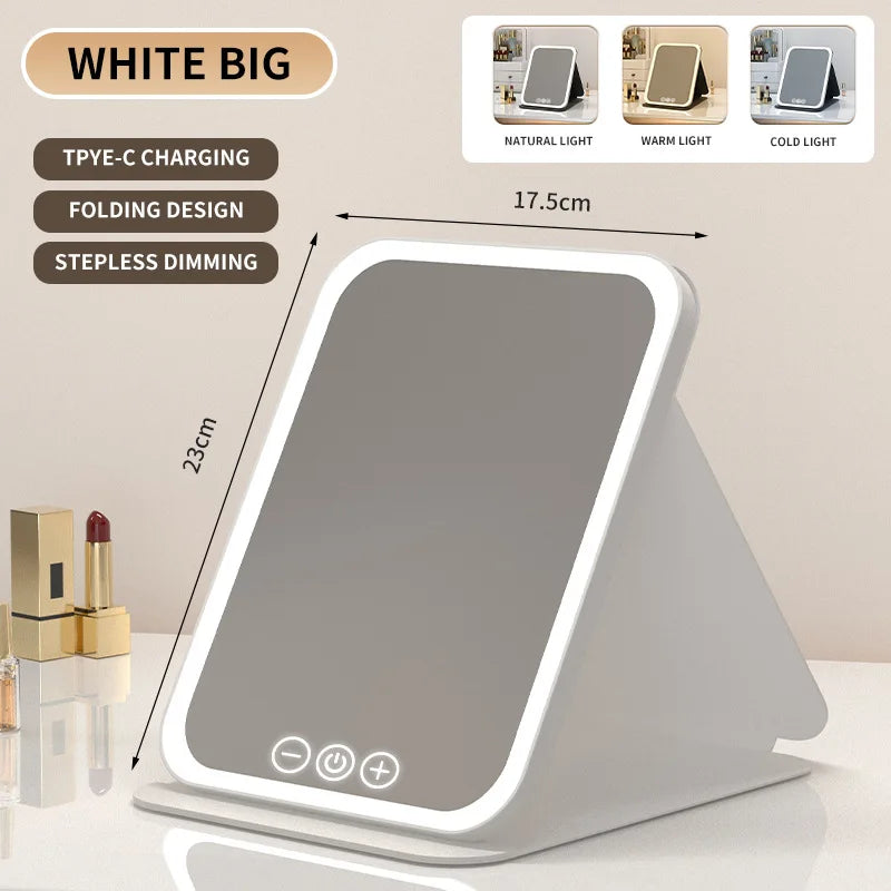 Espelho de Maquiagem LED Portátil Dobrável com Controle Touch – Recarregável e com 3 Cores de Luz
