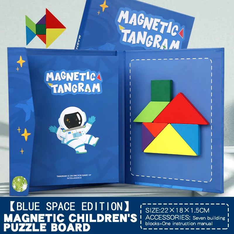 Livro Quebra‑Cabeça Tangram Magnético em Madeira – Brinquedo Educativo Montessori Portátil