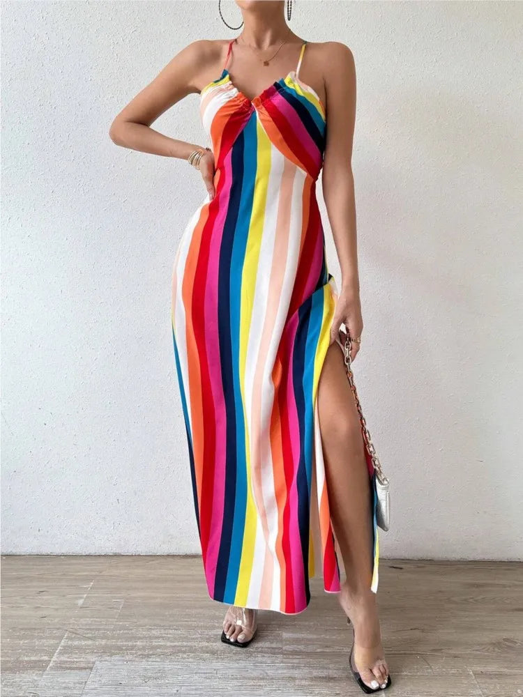 Vestido Longo Feminino Estampado com Decote Halter