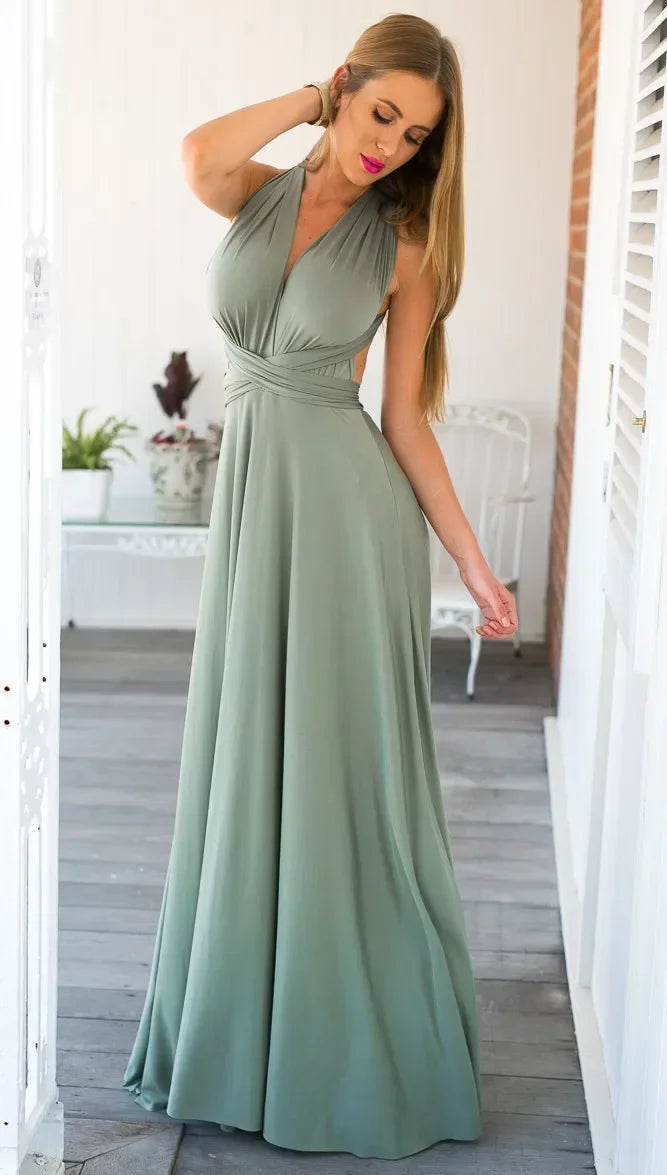 Vestido Longo Feminino Multiuso com Decote V – Elegância Boho para Todas as Ocasiões