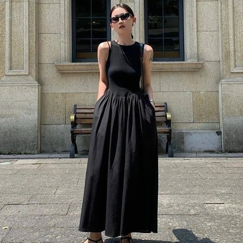 Vestido Longo Preto Feminino HXAO – Regata com Decote Redondo, Elegante e Confortável