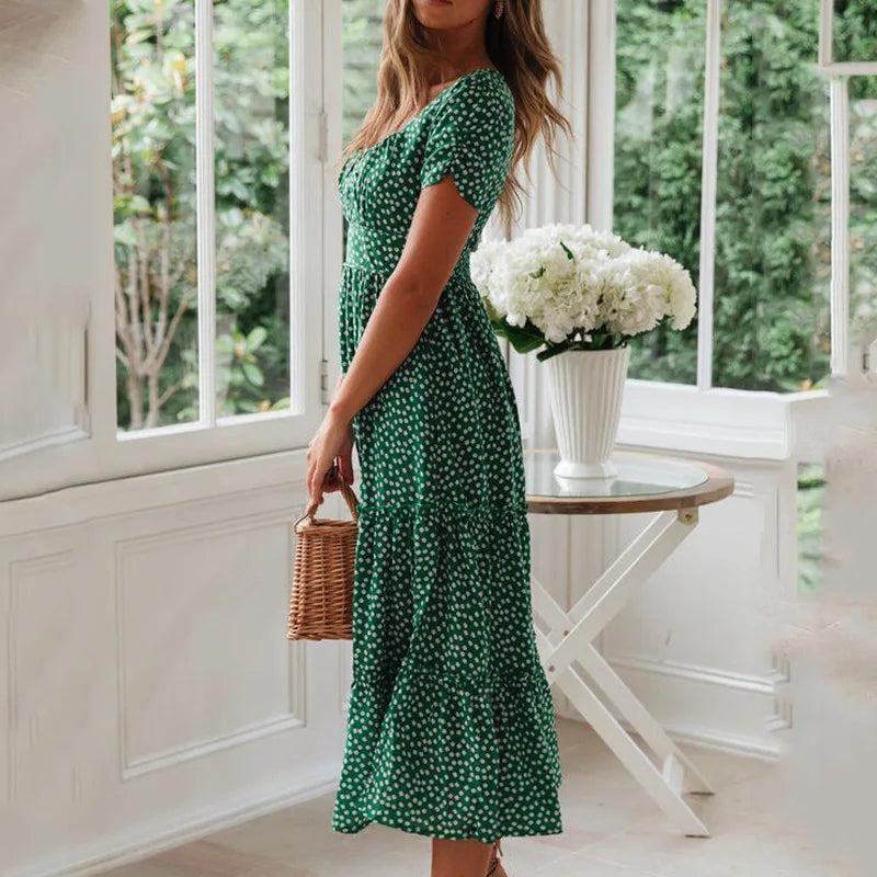 Vestido Feminino Boho Midi com Estampa Animal, Manga Bufante e Decote Quadrado – Verão Elegante e Estiloso