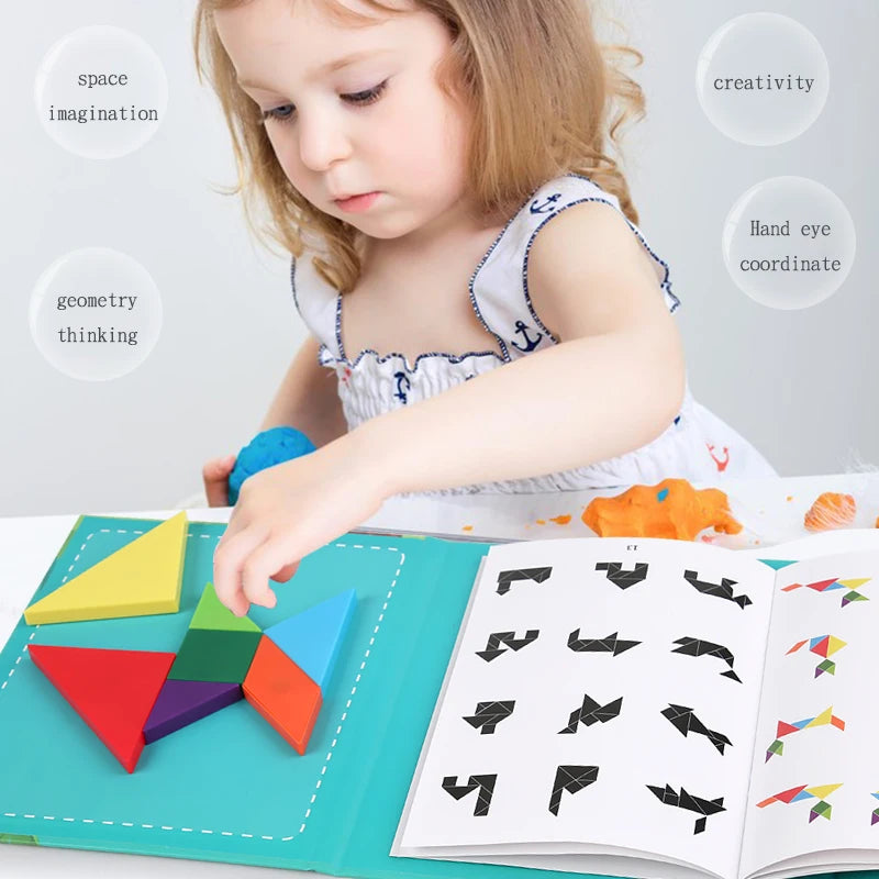 Livro Quebra‑Cabeça Tangram Magnético em Madeira – Brinquedo Educativo Montessori Portátil