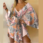 Vestido Boho Estampado com Decote V e Manga Morcego – Mini Soltinho