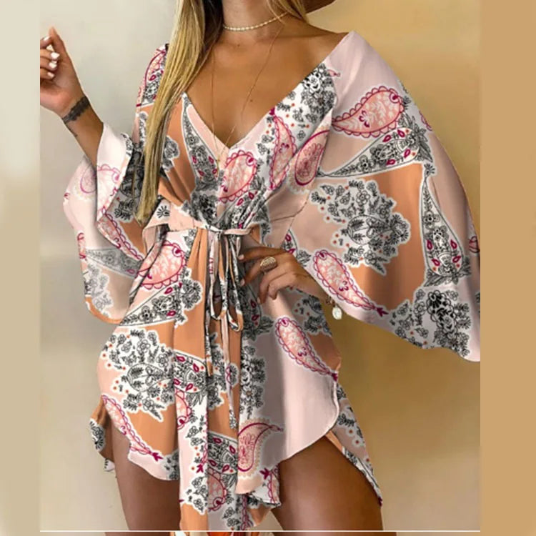 Vestido Boho Estampado com Decote V e Manga Morcego – Mini Soltinho