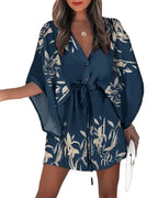 Vestido Boho Floral de Verão com Manga Morcego, Decote V e Barra Assimétrica